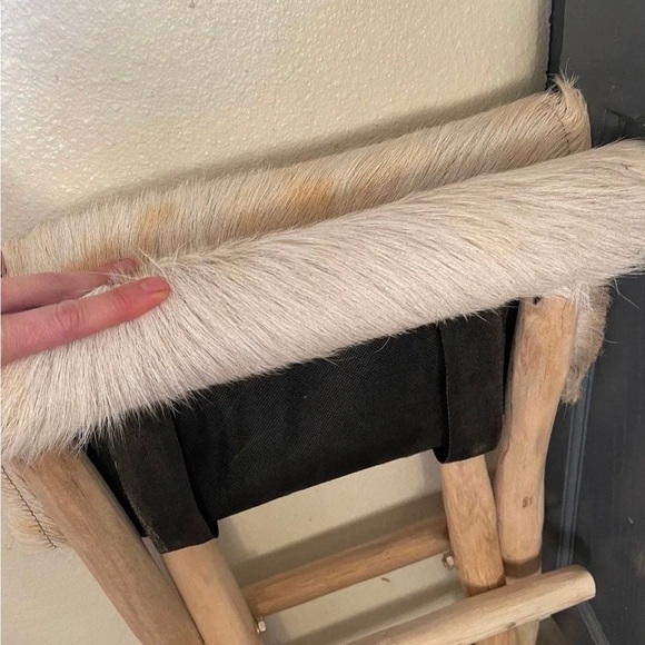 NEW designer Real fur cowhide beige wooden folding stool chair 17x18x16” - Picture 4 of 4